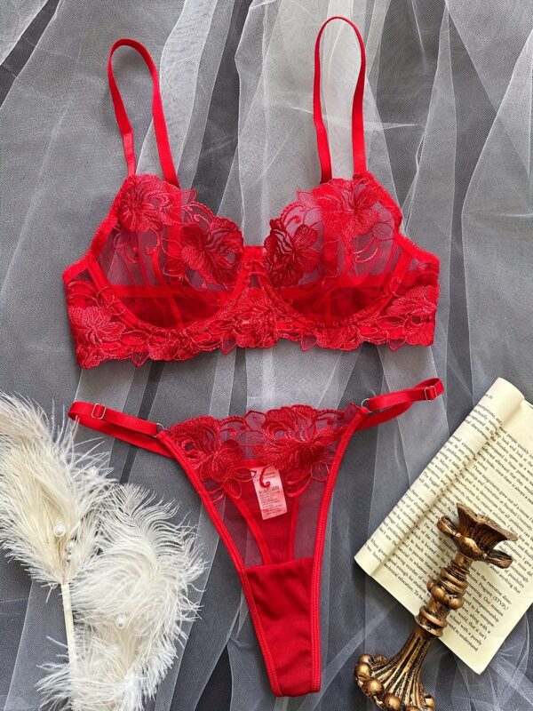 Sensual Red Lace Bra and Panty - Front View Embroidered Lingerie