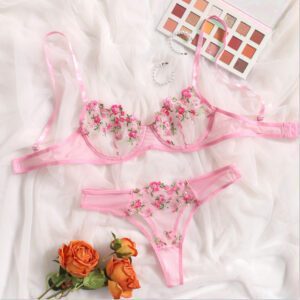 Chic Pink Floral Lingerie Set - Main View Sheer and Stylish Look