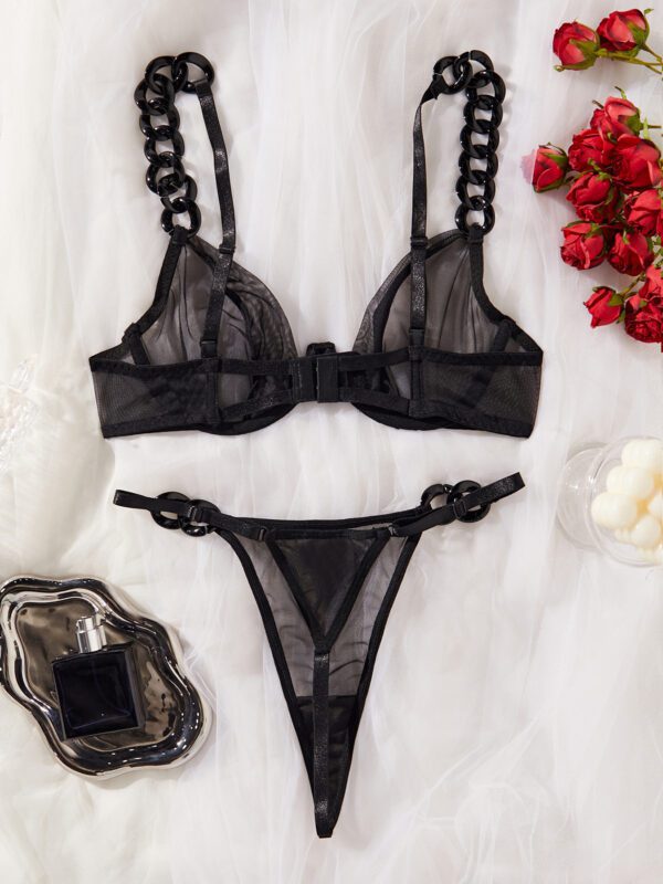 Luxury Black Chain Strap 2 Piece Set Lingerie - Flat Lay Back View