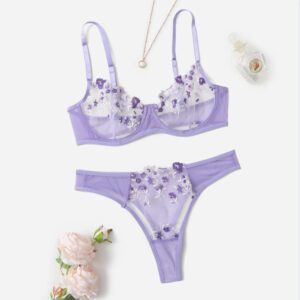 Elegant Purple Floral Lingerie Set - Front View Delicate Lace Design