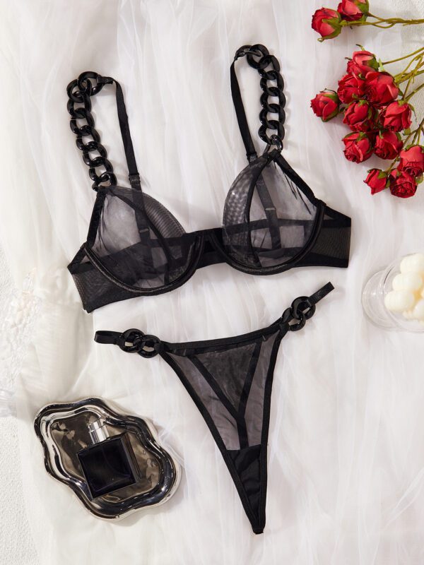 Luxury Black Chain Strap 2 Piece Set Lingerie - Flat Lay Elegant Look