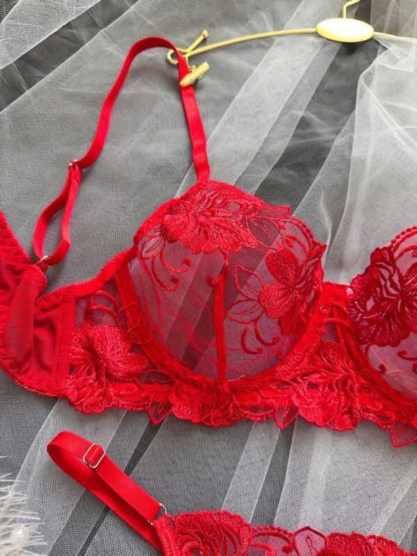 Delicate Lace Patterns - Laydown Close-Up of Red Embroidered Lingerie