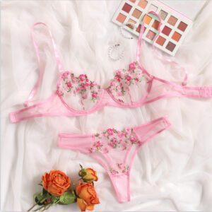 Flat Lay of Pink Floral Lingerie - Sheer Lace Two-Piece Set