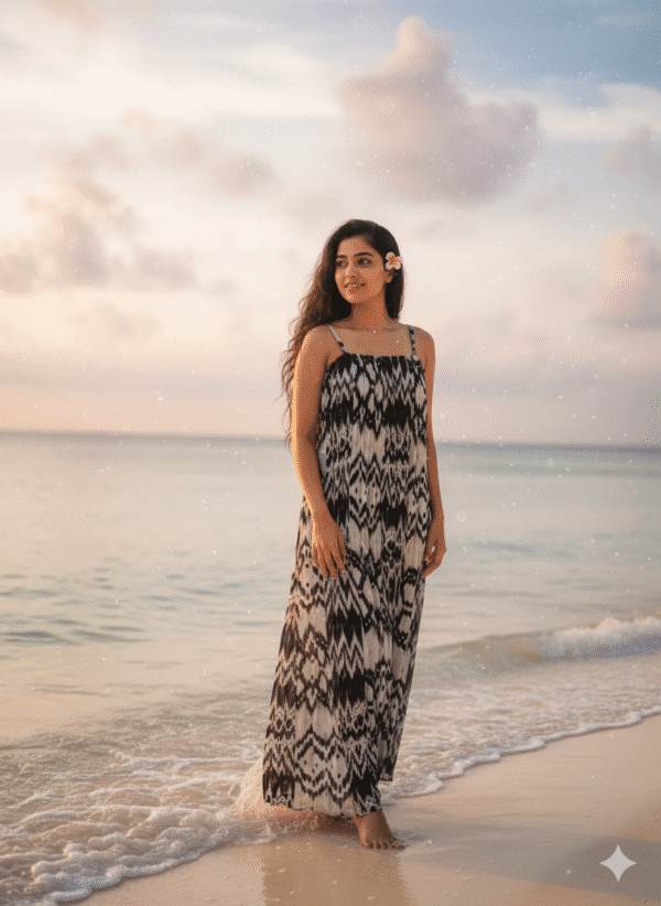 Pleated Ikat Print Maxi Dress for Beach Vacations