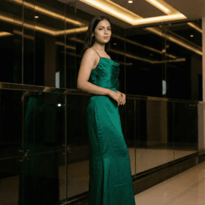 satin party wear maxi dress for women emerald green