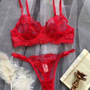 Sensual Red Lace Bra and Panty - Front View Embroidered Lingerie