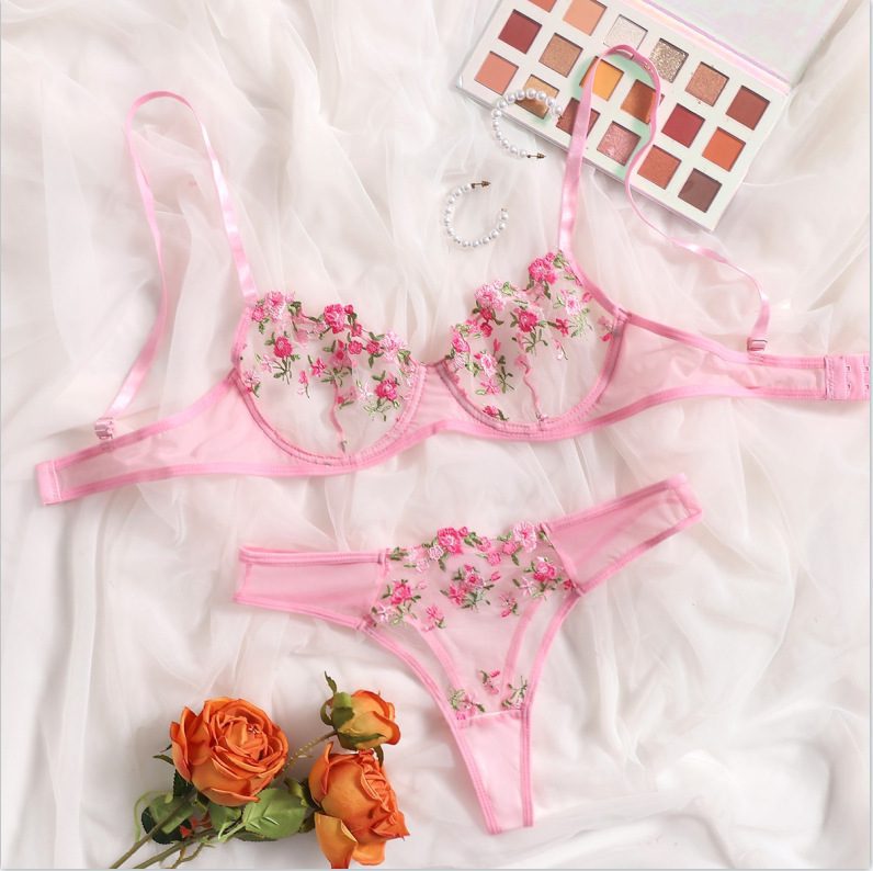 Chic Pink Floral Lingerie Set - Main View Sheer and Stylish Look