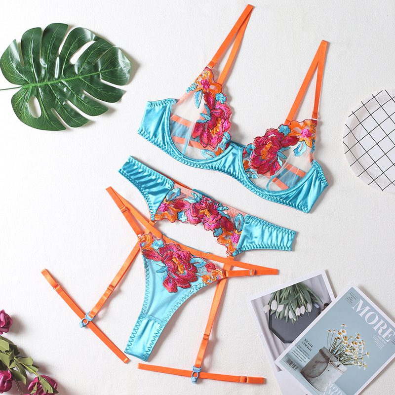 Sky Blue Lace Flower Embroidery Garter Lingerie Set - 5 – sheer lace garter lingerie