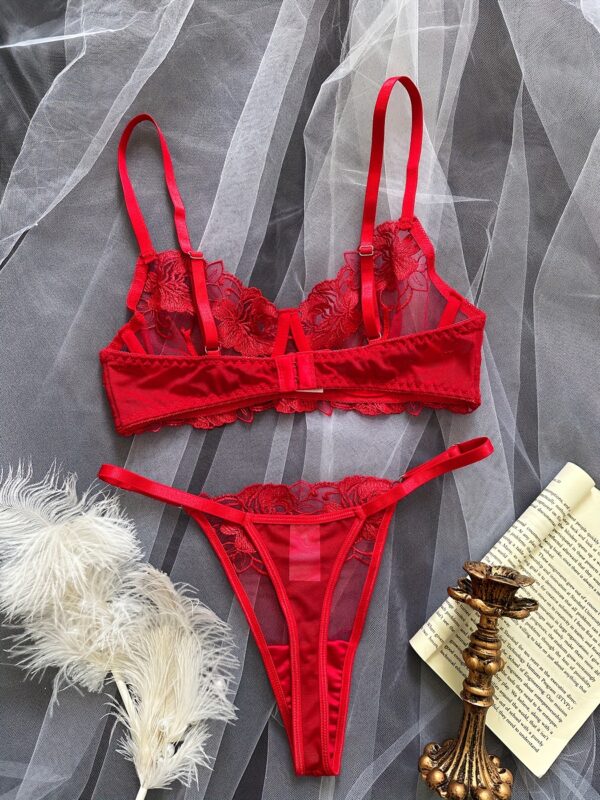 Elegant Red Embroidery Lingerie Set - Back View Sheer Lace Intimates
