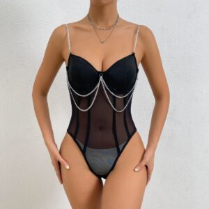 Charming Black Erotic Garter Belt Teddy - sexy bra panty set