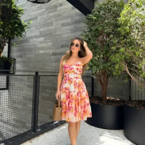 Pink Floral Chiffon Midi Dress with Spaghetti Straps