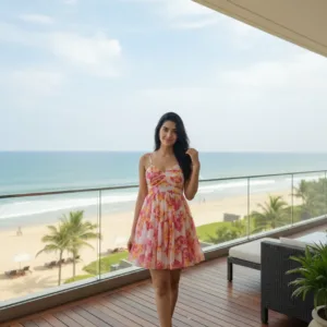 Pink Floral Chiffon Midi Dress with Spaghetti Straps