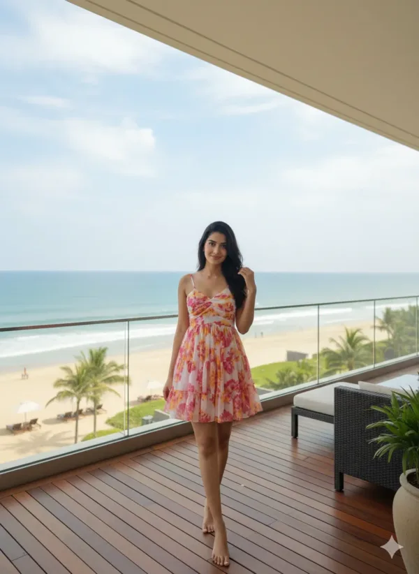 Pink Floral Chiffon Midi Dress with Spaghetti Straps