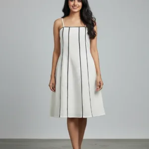 Beige Kora Cotton Strappy A-Line Dress with Black Stripes