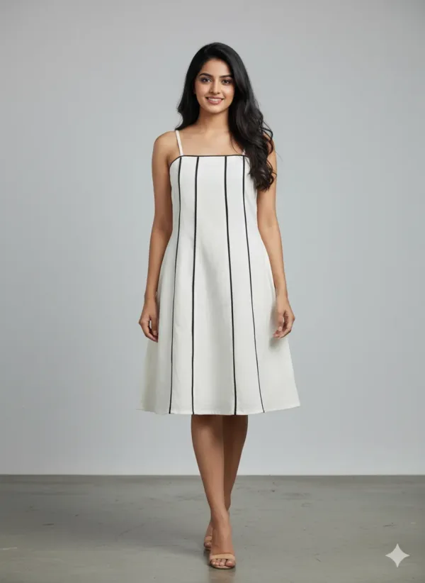 Beige Kora Cotton Strappy A-Line Dress with Black Stripes