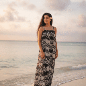Pleated Ikat Print Maxi Dress for Beach Vacations