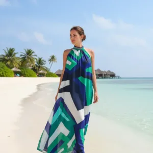 GeoSummer Beach Maxi Dress in Navy, Green, and White