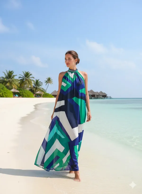 GeoSummer Beach Maxi Dress in Navy, Green, and White