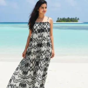Pleated Ikat Print Maxi Dress for Beach Vacations