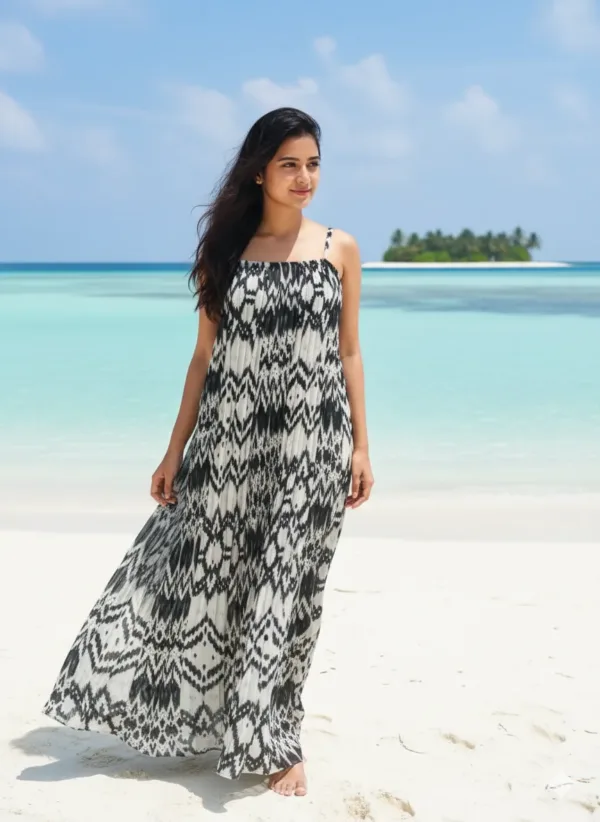 Pleated Ikat Print Maxi Dress for Beach Vacations