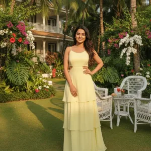 Yellow Spaghetti-Strap Layered Maxi Gown for Beach Weddings