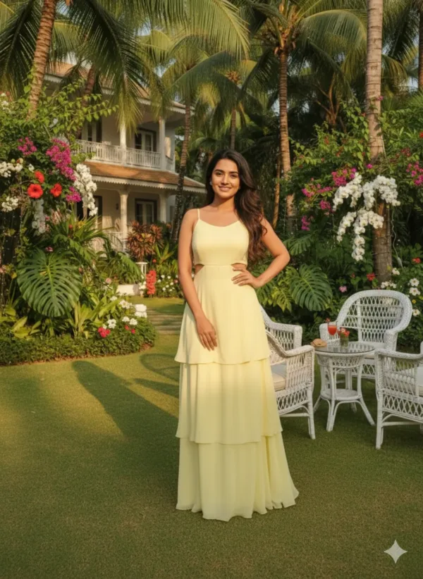 Yellow Spaghetti-Strap Layered Maxi Gown for Beach Weddings