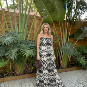 Pleated Ikat Print Maxi Dress for Beach Vacations