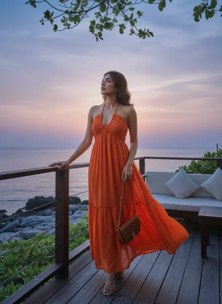 orange halter maxi dress for women