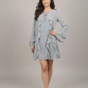 grey layered dress with ruffle sleeves for women