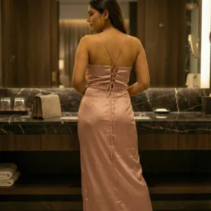 backless blush satin party dress for women
