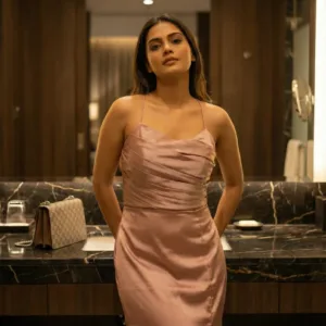 elegant blush pink satin maxi dress for women party outfit