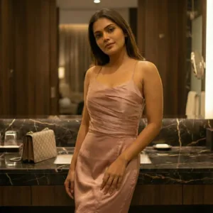 blush satin party wear maxi dress for women elegant evening look