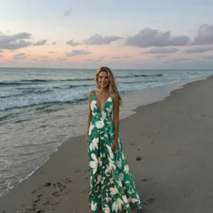 emerald green floral beach maxi dress for women tropical resort wear