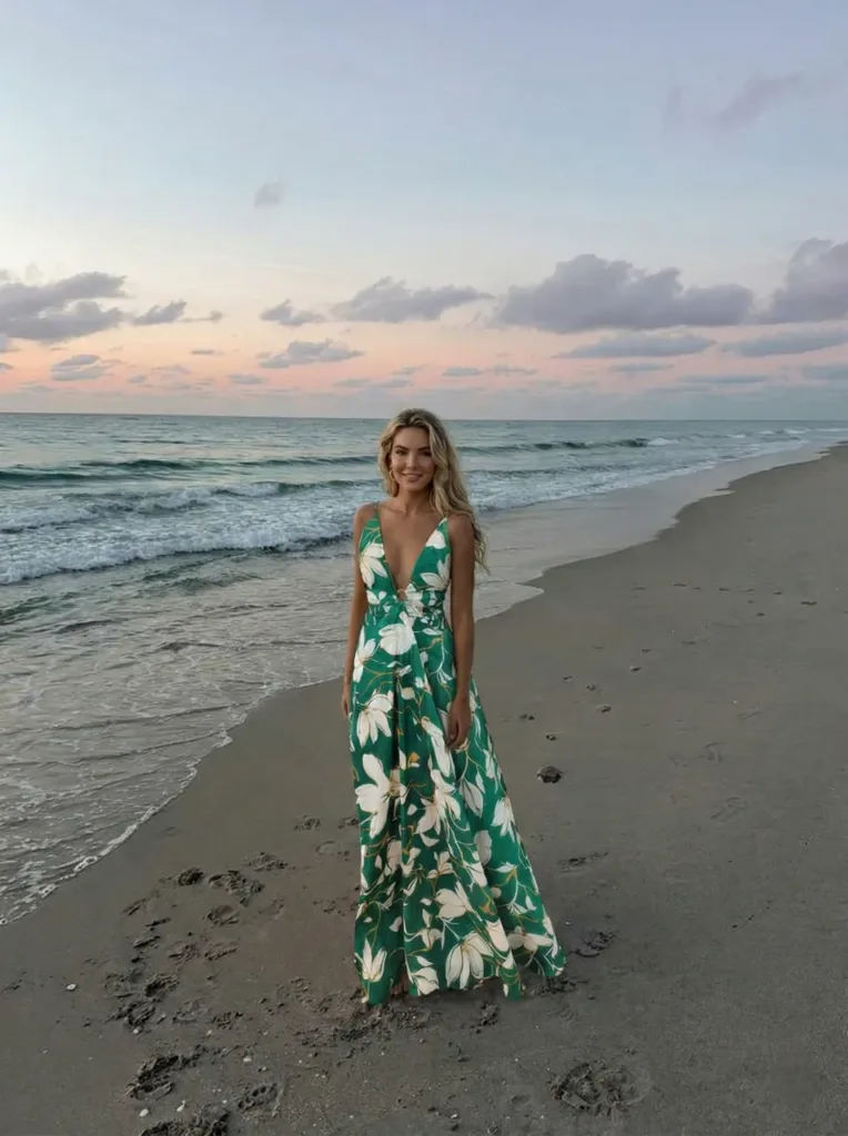emerald green floral beach maxi dress for women tropical resort wear