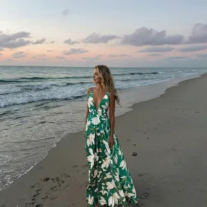 emerald floral resort wear maxi dress for women