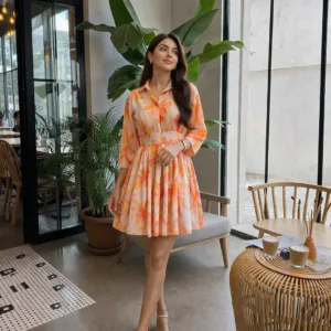 Orange Floral Collared Fit & Flare Mini Dress