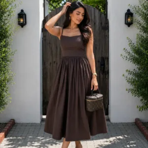 Chocolate Brown Lace-Up Back Gathered Midi Dress