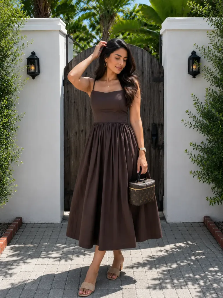 Chocolate Brown Lace-Up Back Gathered Midi Dress