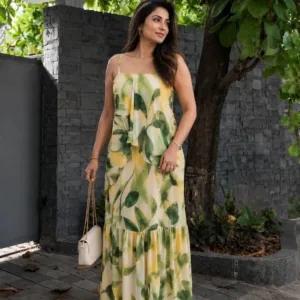 Yellow Green Leaf Print Tiered Ruffle Maxi Dress