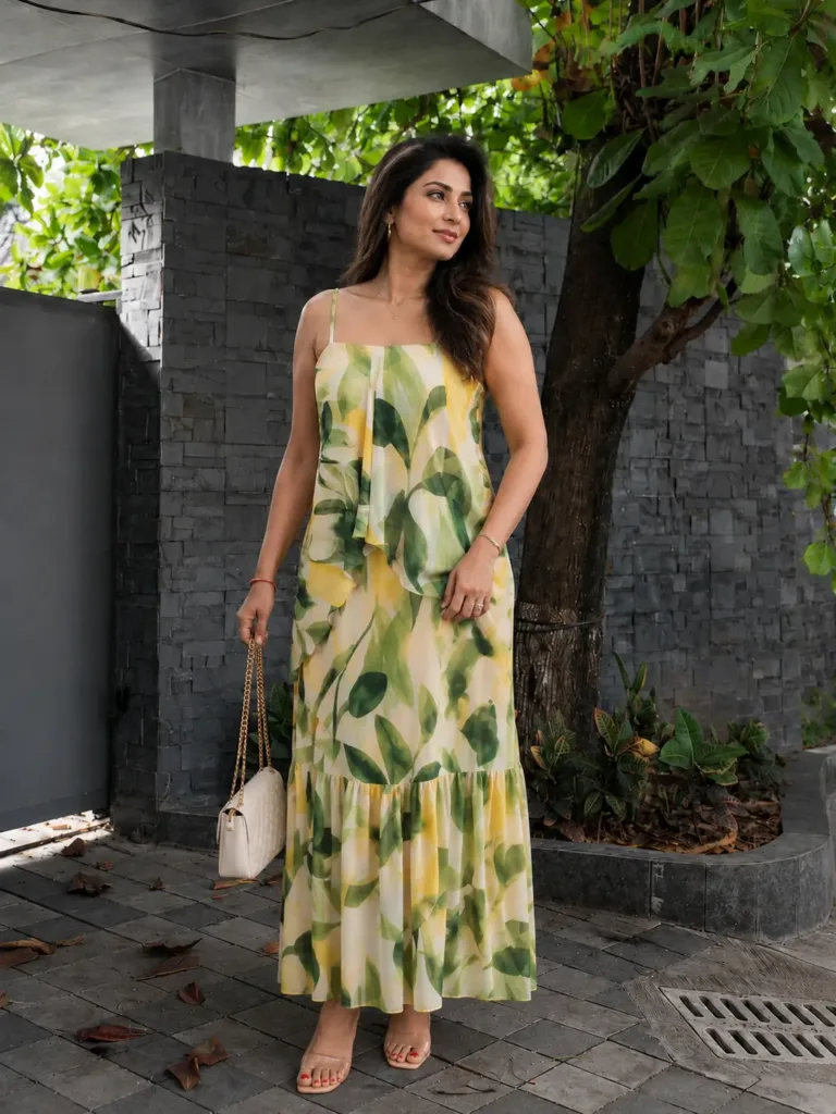 Yellow Green Leaf Print Tiered Ruffle Maxi Dress