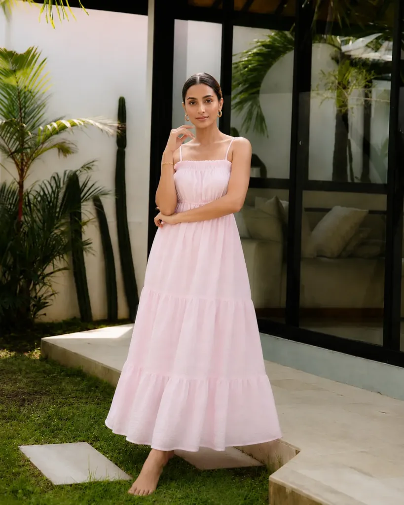 Baby Pink Relaxed Fit Flowy Tiered Maxi Dress