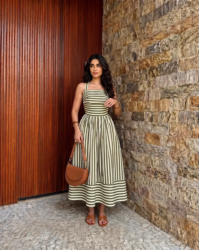 Olive Green Stripe Sleeveless Fit & Flare Midi Dress